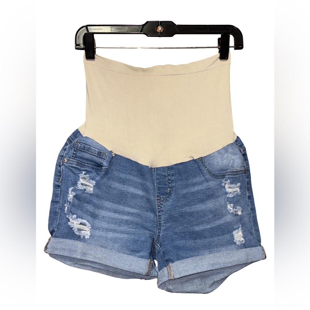 🏡 Blue Savvy Denim and Cream Maternity Shorts - Blue - Size XL